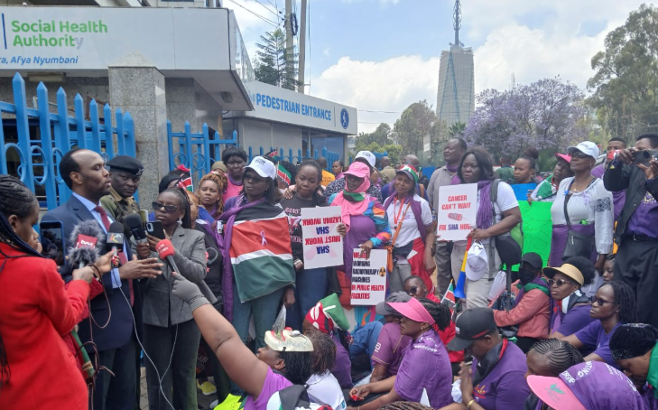 Cancer patients protest outside SHA offices in Upperhill.
